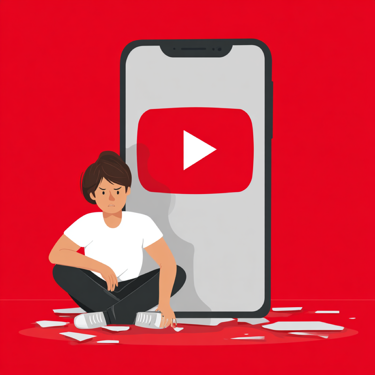 YouTube video removal destroying reputation - distressed person sitting beside large smartphone displaying YouTube logo representing harmful video content damaging personal reputation